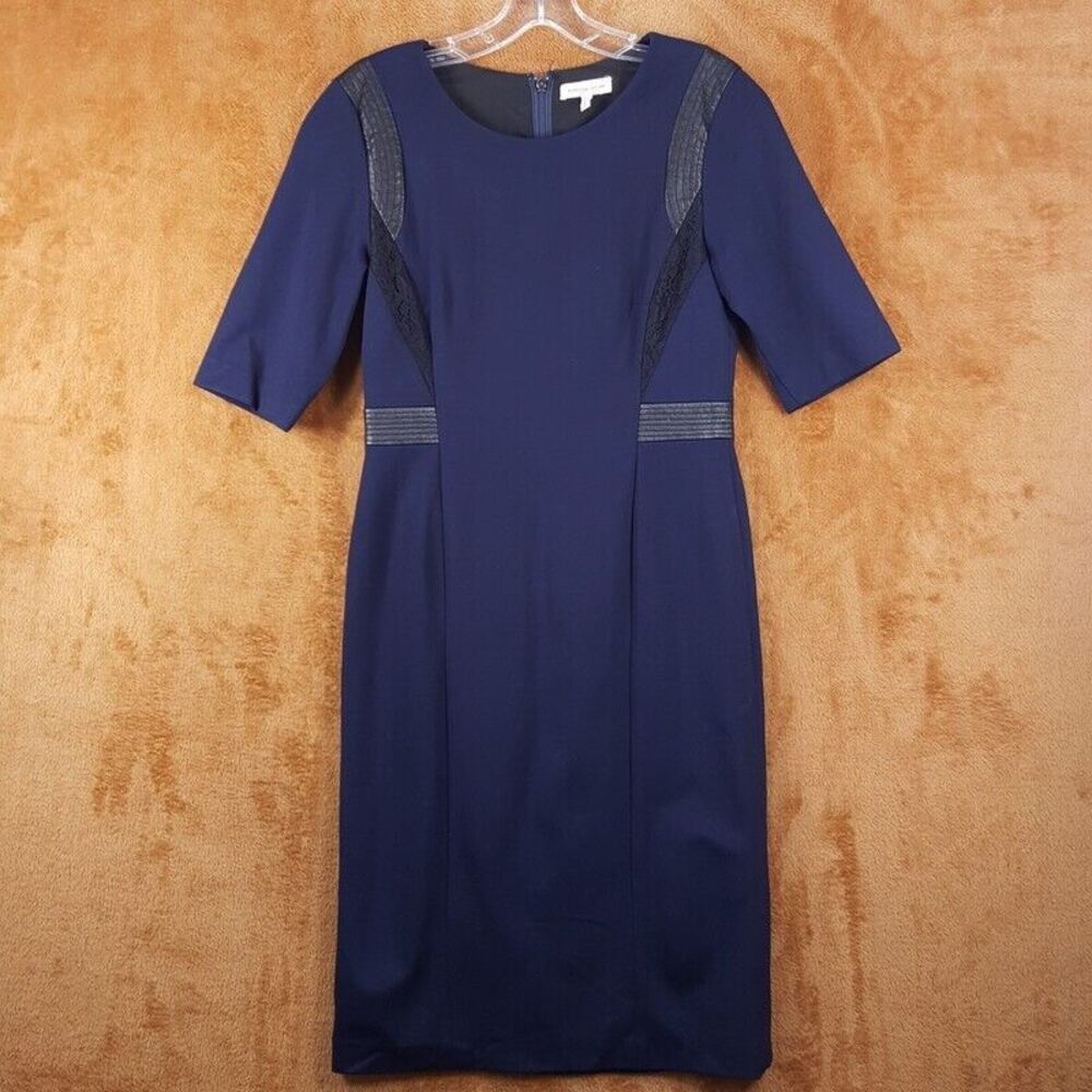 REBECCA TAYLOR Womens Dress Size 8 Navy Fitted Sheath Ponte Stretch Faux Leather